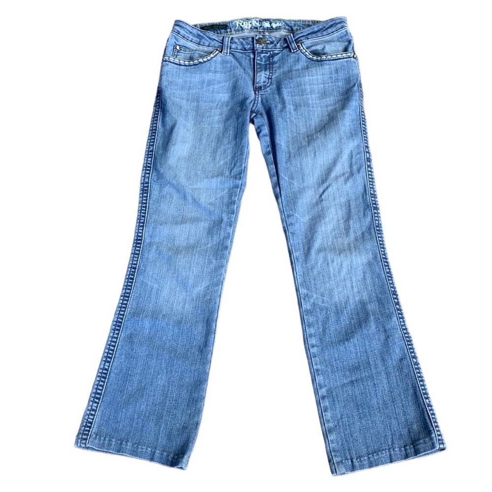 ROCK 47 WRANGLER ULTRA LOW RISE BLUE JEANS DESIGN ON POCKETS SIZE W28 L34